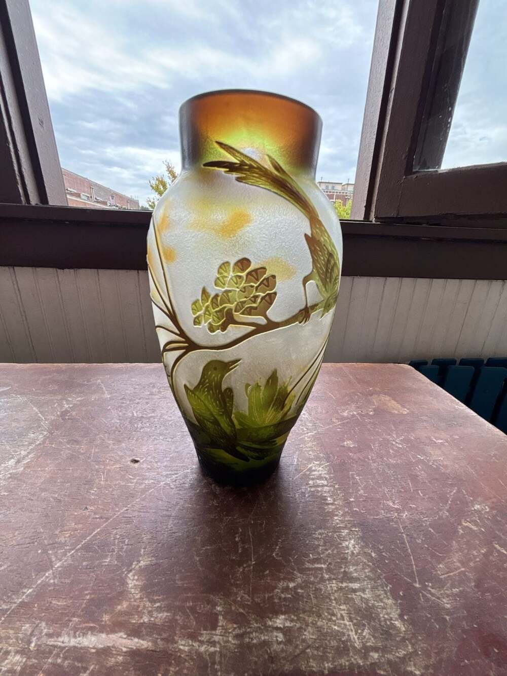Art Nouveau Style Chinese Peking Cameo Overlay Glass Vase with birds
